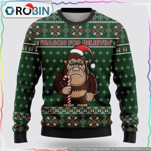 Bigfoot Season For Believin Green Pattern Ugly Christmas Sweater
