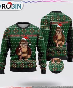 Bigfoot Season For Believin Green Pattern Ugly Christmas Sweater