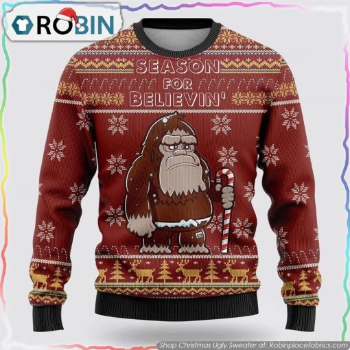 Bigfoot Season For Believin Red Pattern Ugly Christmas Sweater