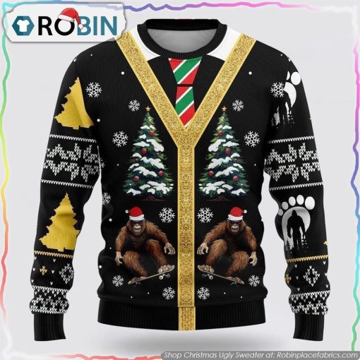 Bigfoot Skateboarding Black Pattern Christmas Ugly Sweater