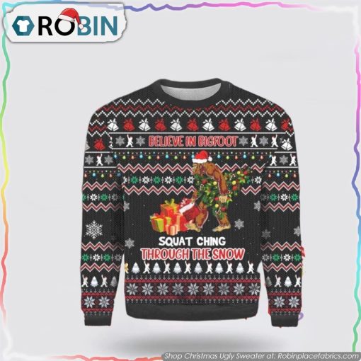 Bigfoot Squatchin’ Through The Snow Ugly Sweater Gifts For Bigfoot Lovers