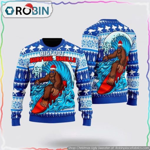 Bigfoot Surfing Swells Ugly Christmas Sweater Gifts For Bigfoot Lovers