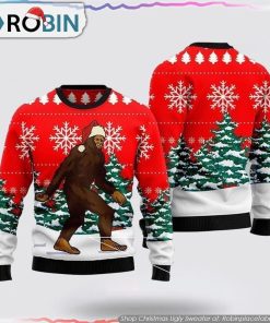 Bigfoot Walks Through The Christmas Pine Forest Ugly Christmas Sweater