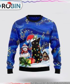 Black Cat Christmas Night Funny Family Ugly Christmas Sweater Cat Lover Christmas Sweater