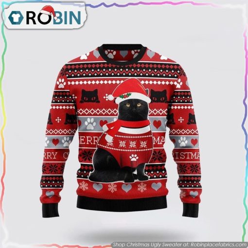 Black Cat Christmas Pattern Christmas Ugly Sweater Cat Lover Christmas Sweater