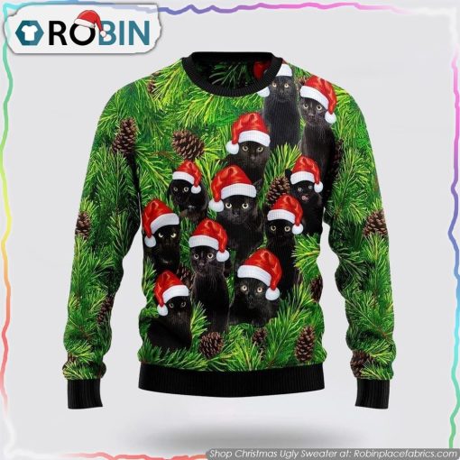 Black Cat Christmas Tree Ugly Christmas Sweater Cat Lover Christmas Sweater