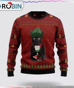 Black Cat Coffee Ugly Christmas Sweater Cat Lover Christmas Sweater