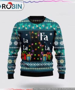 Black Cat Falalala Ugly Christmas Sweater Cat Lover Christmas Sweater