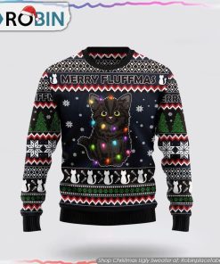 Black Cat Fluffmas Ugly Christmas Sweater Cat Lover Christmas Sweater