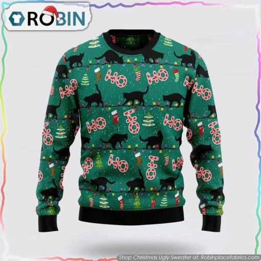 Black Cat Ho Ho Ho Ugly Christmas Sweater Cat Lover Christmas Sweater