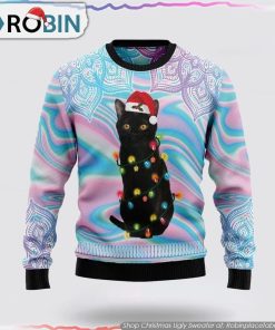 Black Cat Hologram Pattern Ugly Christmas Sweater Cat Lover Christmas Sweater