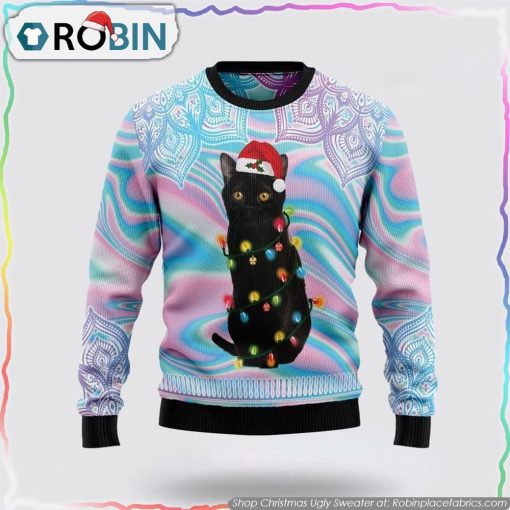 Black Cat Hologram Pattern Ugly Christmas Sweater Cat Lover Christmas Sweater