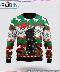 Black Cat Light Christmas Ugly Christmas Sweater Cat Lover Christmas Sweater