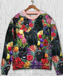 Black Cat Love Flowers Colorful Ugly Christmas Sweater