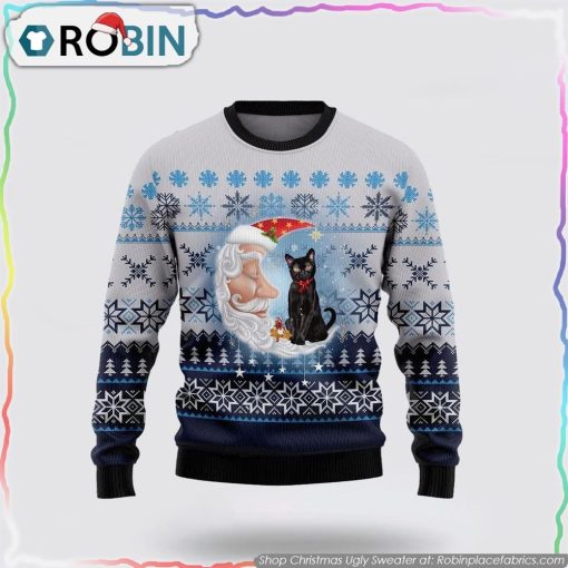 Black Cat Love Santa Moon Christmas Ugly Sweater Cat Lover Christmas Sweater