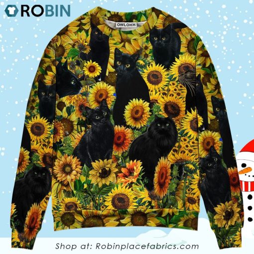 Black Cat Love Sunflower Ugly Christmas Sweater