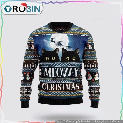 Black Cat Meowy Christmas Ugly Christmas Sweater Cat Lover Christmas Sweater