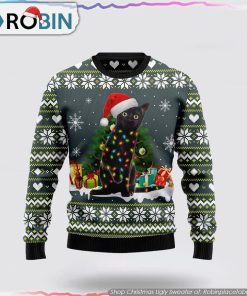 Black Cat Merry And Bright Ugly Christmas Sweater Cat Lover Christmas Sweater
