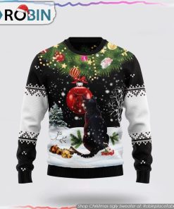 Black Cat Mirror Ugly Christmas Sweater Cat Lover Christmas Sweater