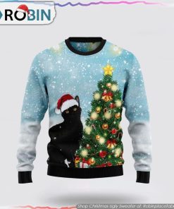 Black Cat Noel Tree Christmas Ugly Sweater Cat Lover Christmas Sweater