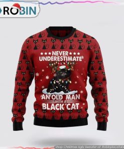Black Cat Old Man Christmas Ugly Sweater Cat Lover Christmas Sweater