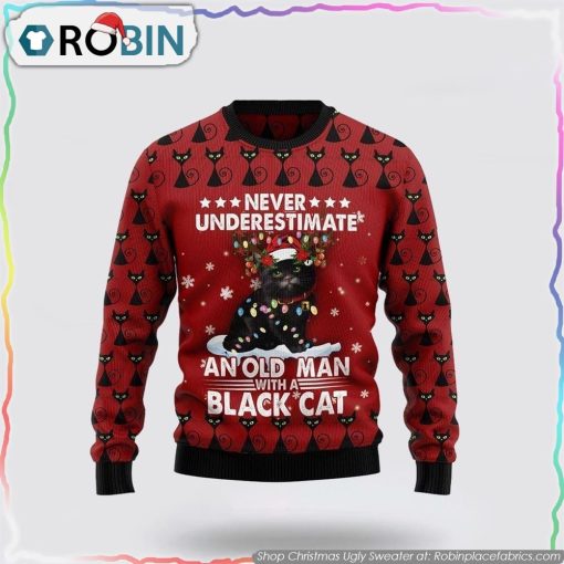 Black Cat Old Man Christmas Ugly Sweater Cat Lover Christmas Sweater