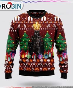 Black Cat Pine Tree Ugly Christmas Sweater Cat Lover Christmas Sweater