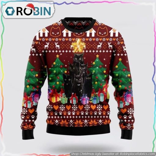Black Cat Pine Tree Ugly Christmas Sweater Cat Lover Christmas Sweater