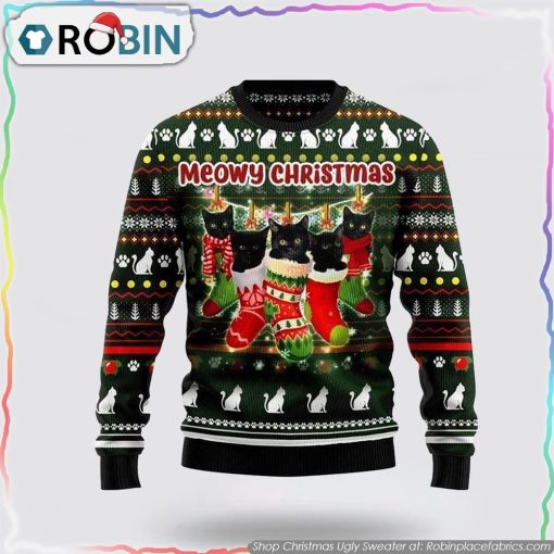 Black Cat Socks Christmas Ugly Sweater Cat Lover Christmas Sweater
