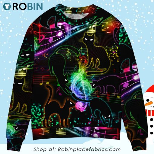 Black Cat The Magical Light Cats On Music Notes Christmas Ugly Sweater, Sweatshirt