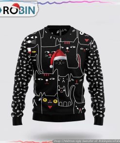 Black Cat With Noel Hat Ugly Christmas Sweater Cat Lover Christmas Sweater