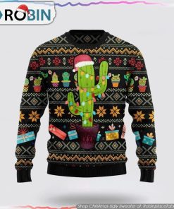 Cactus Wearing Santa Claus Hat Ugly Sweater
