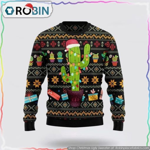 Cactus Wearing Santa Claus Hat Ugly Sweater