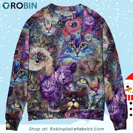 Cat Amazing Psychedelic Purple Christmas Ugly Sweater, Sweatshirt