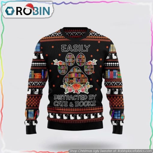 Cat And Books Christmas Ugly Sweater Cat Lover Christmas Sweater