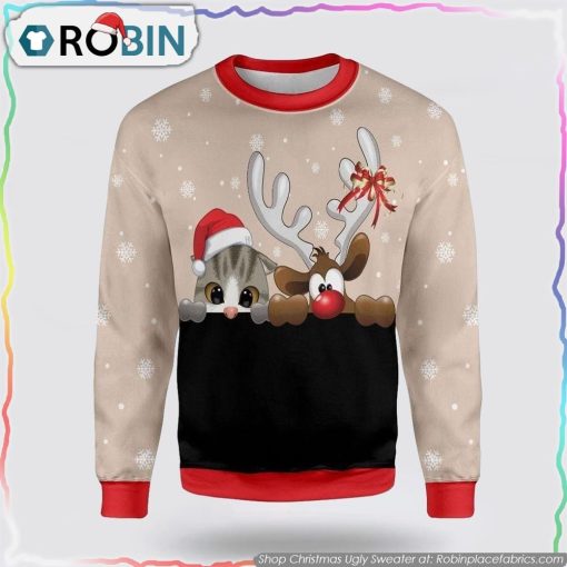 Cat And Reindeer Christmas Ugly Sweater Cat Lover Christmas Sweater