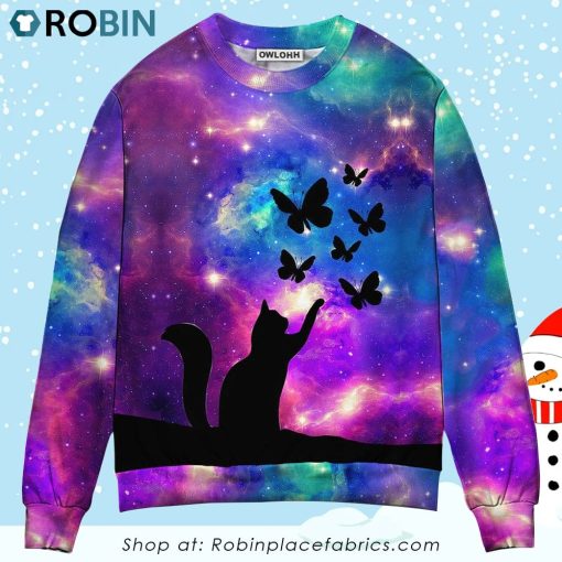 Cat Beautiful Cat And Butterfly Ugly Christmas Sweater