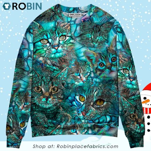 Cat Blue Art Lover Cat Colorful Style Christmas Ugly Sweater, Sweatshirt