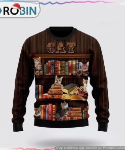 Cat Bookcase Ugly Christmas Sweater Cat Lover Christmas Sweater
