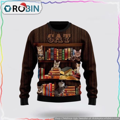 Cat Bookcase Ugly Christmas Sweater Cat Lover Christmas Sweater