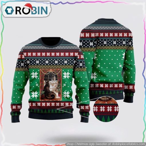 Cat Christmas Snow Window Ugly Christmas Sweater Cat Lover Christmas Sweater