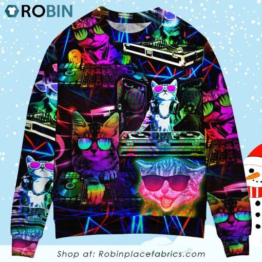 Cat DJ Cool Life Christmas Ugly Sweater, Sweatshirt