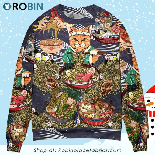 Cat Eating Ramen Lovely Christmas Ugly Sweater, Sweatshirt