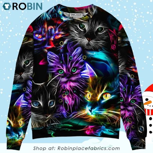 Cat Funny Neon Light Colorful Style Christmas Ugly Sweater, Sweatshirt