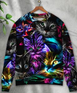 Cat Funny Neon Light Colorful Style Christmas Ugly Sweater, Sweatshirt