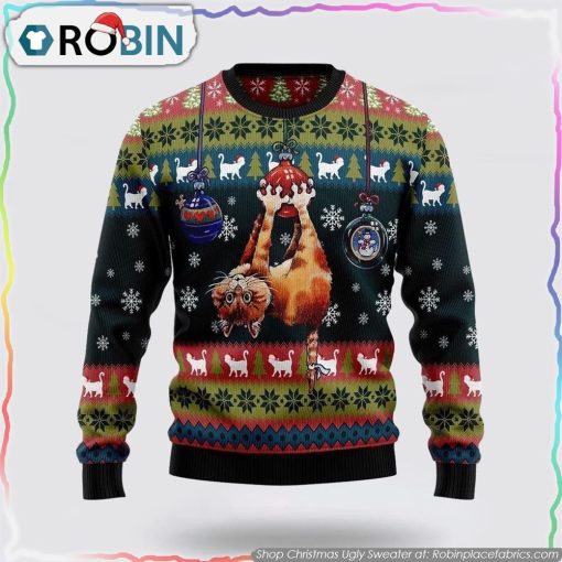 Cat Hanging On Xmas Tree Ugly Christmas Sweater Cat Lover Christmas Sweater