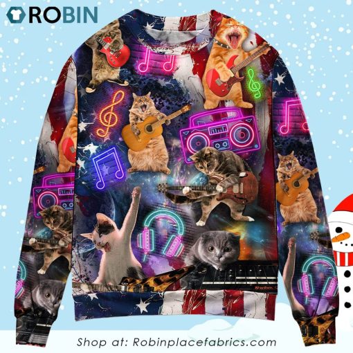 Cat Independence Day Cat Rocker Happy Christmas Ugly Sweater, Sweatshirt