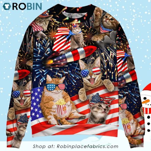 Cat Independence Day Happy Firework Christmas Ugly Sweater, Sweatshirt