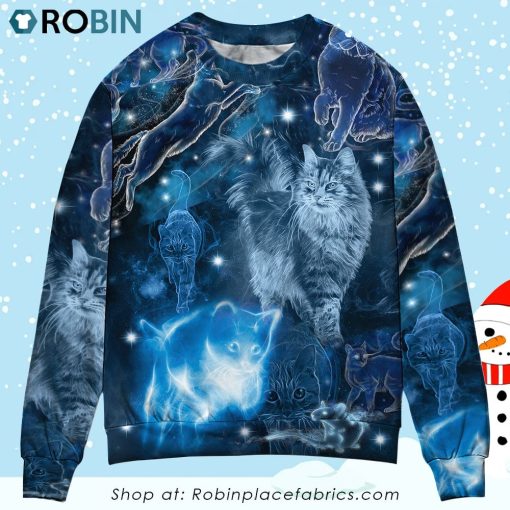 Cat Love Blue Neon Stunning Christmas Ugly Sweater, Sweatshirt