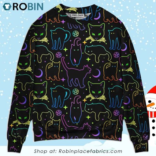 Cat Neon Colorful Playing With Kitten Magical Christmas Ugly Sweater, Sweatshirt